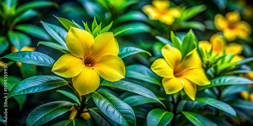 Obraz premium Vibrant Yellow Flowers & Leaves of Thevetia peruviana, Beautiful Botanical Art