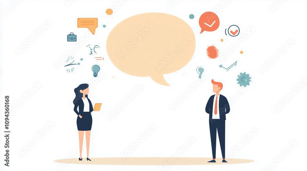 Business man and woman flat illustration with empty text bubble, communication Business man and woman flat illustration with empty text bubble, communication