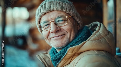 Warm and Kind: An Older Man in a Cozy Beige Winter Outfit – Perfect for a Rustic Poster or Cozy Sports Decor to Inspire a Sense of Comfort and Joy