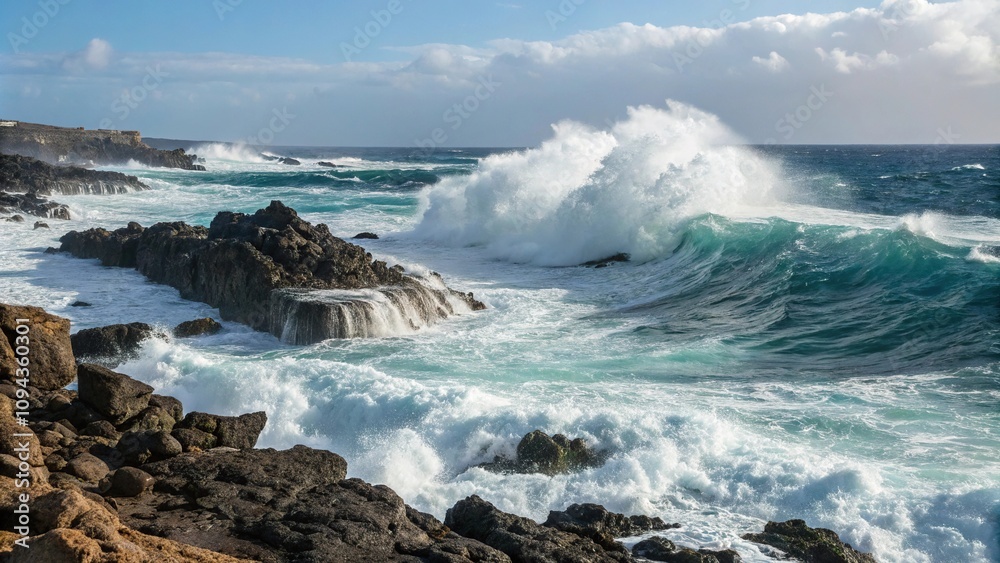 Waves crashing against a rocky reef in the open ocean, coral reef, wave impact, rough seas, underwater reef, open ocean Waves crashing against a rocky reef in the open ocean, coral reef, wave impact, rough seas, underwater reef, open ocean