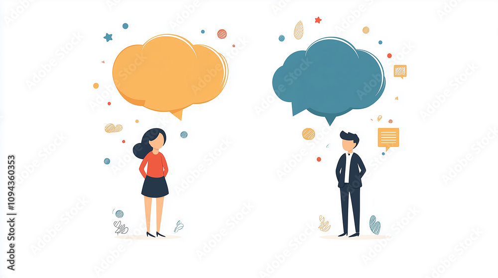Business man and woman flat illustration with empty text bubble, communication Business man and woman flat illustration with empty text bubble, communication