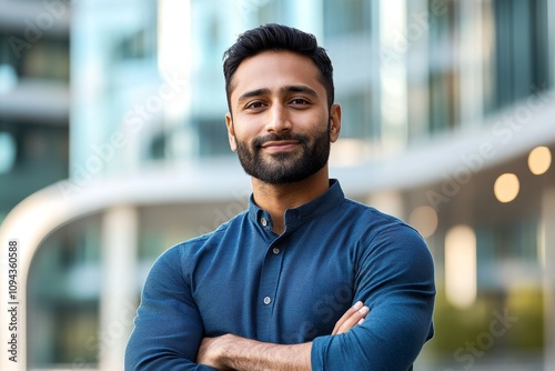 Confident South Asian Businessman in Teal Shirt Posing Outdoors in Modern Urban Setting