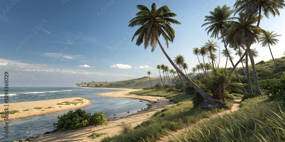Beach landscape with palm trees above a summer inlet, ocean view, palm trees, coastal scenery, shoreline Beach landscape with palm trees above a summer inlet, ocean view, palm trees, coastal scenery, shoreline