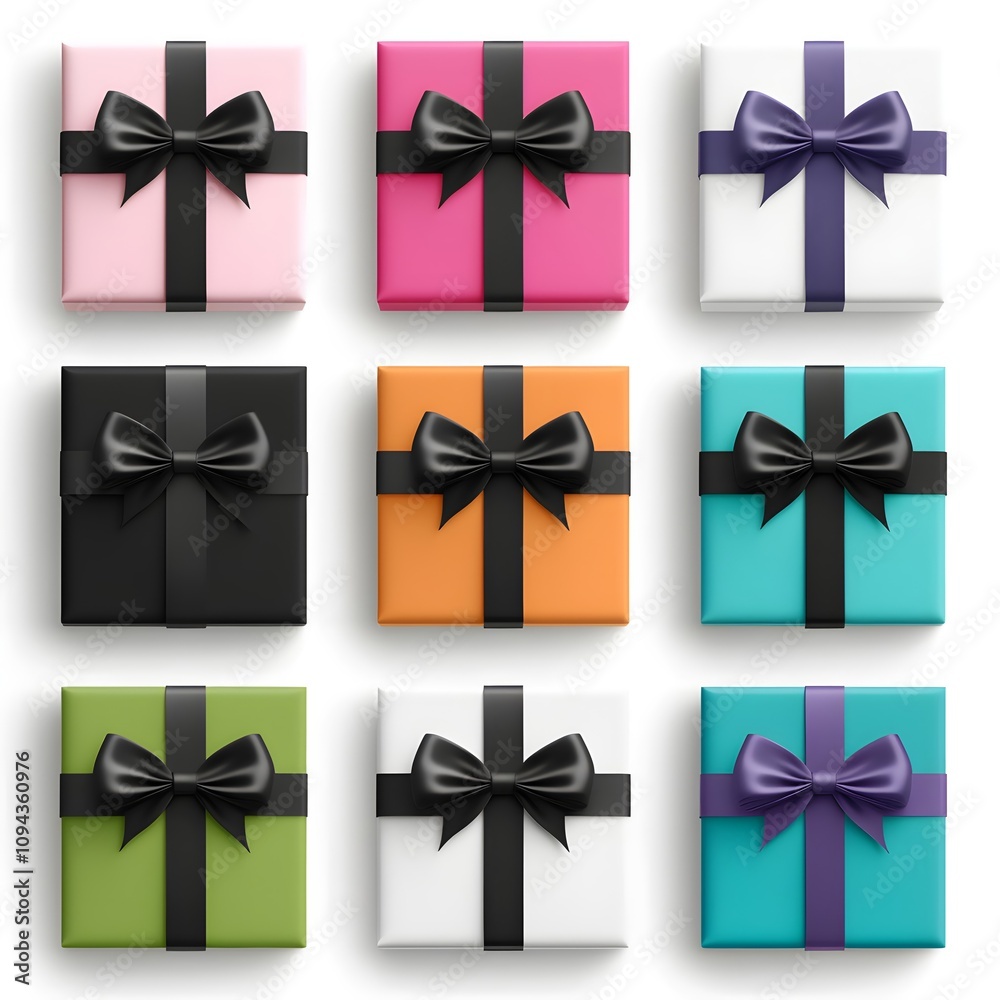 Colorful Gift Boxes with Bows in a Grid Layout Colorful Gift Boxes with Bows in a Grid Layout