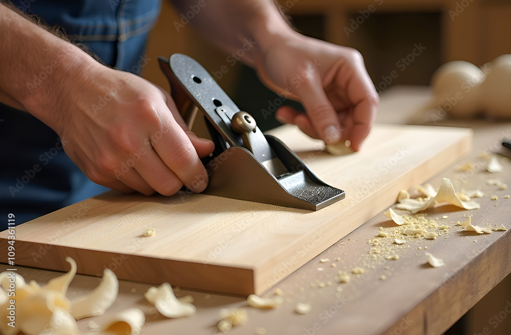 the hands of a worker hold a plane and plan a wooden part the hands of a worker hold a plane and plan a wooden part