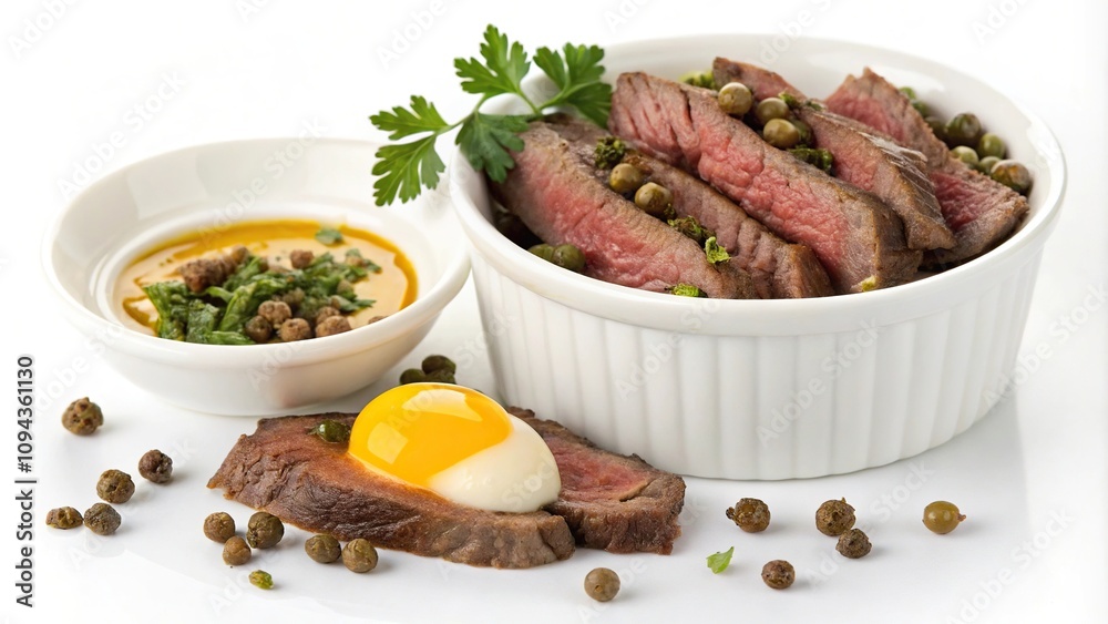 Beef strips mixed with capers and served in a small ramekin with a yolk and mustard, ramekin, capers, tartare, rawbeef,