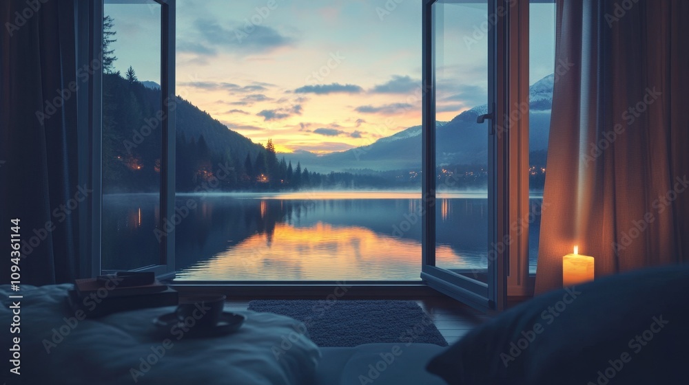 Fototapeta premium Serene lakeside view at sunset from a cozy room with a candle.