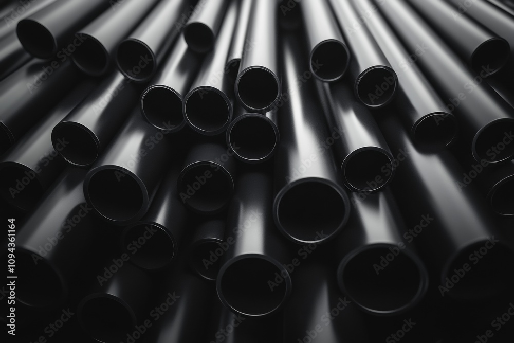 A stack of black pipes with a metallic sheen