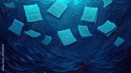 Underwater pages flowing in the ocean artistic illustration calm waters deep sea surreal concept photo