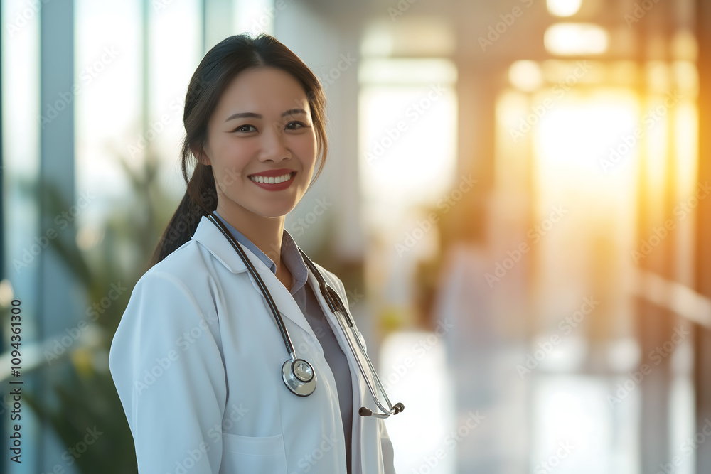Fototapeta premium female doctor standing in hospital, warm sunlight flare, ample space for text, woman day, generative ai