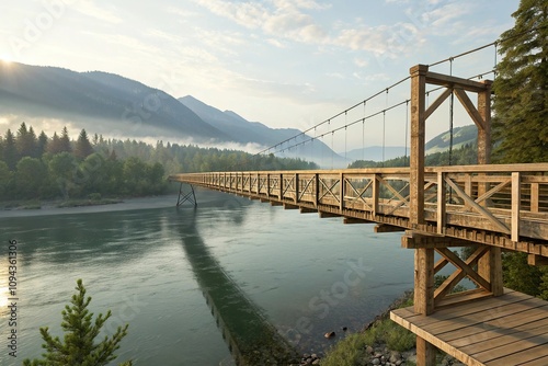 Wooden beam bridge suspended over Columbia River, wooden beams, scenic views, columbia river