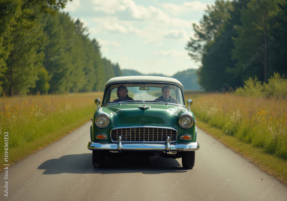 Classic green car drives down a scenic rural road surrounded Classic green car drives down a scenic rural road surrounded