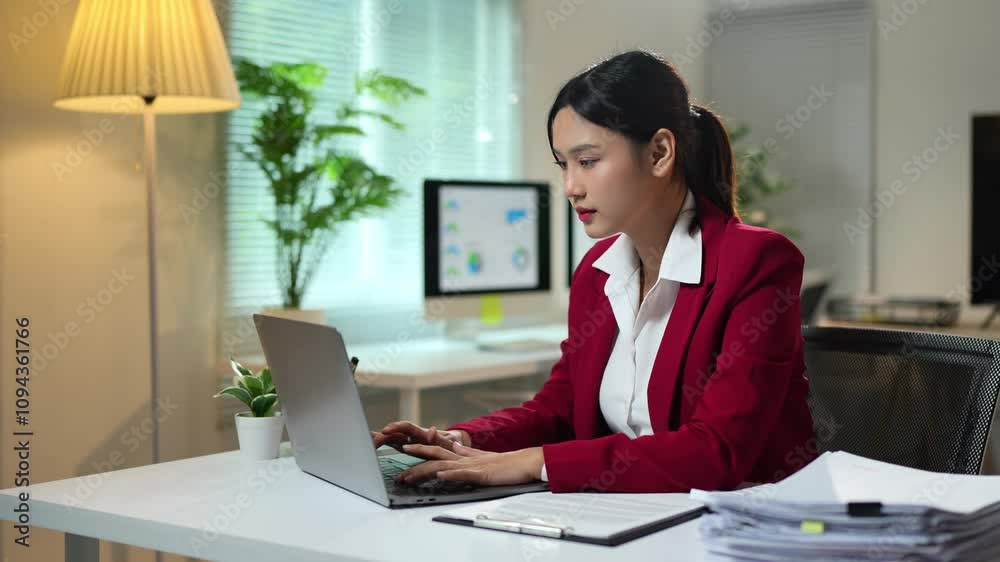 Asian businesswoman sitting in office looking at detailed graphs on laptop, PC computer, chart of real estate growth data, online financial documents in modern office. Asian businesswoman sitting in office looking at detailed graphs on laptop, PC computer, chart of real estate growth data, online financial documents in modern office.