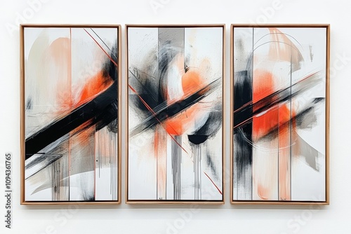 Dynamic Modern Abstract Triptych Painting in Bold Colors with Geometric Shapes on White Background