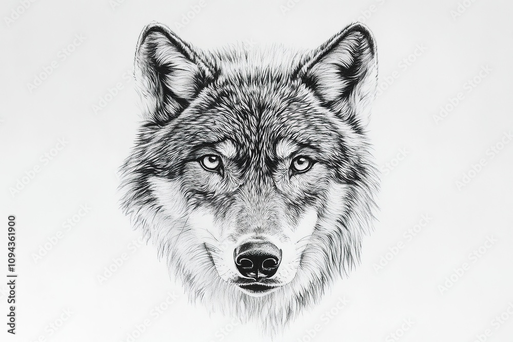 Obraz premium Black and white wolf illustration with detailed fur.