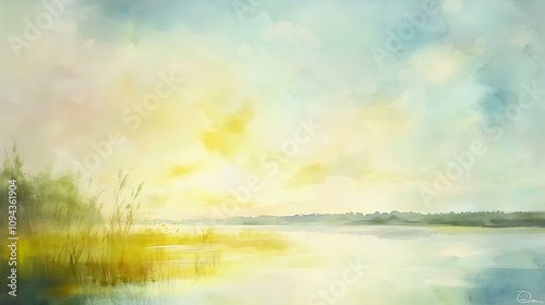 Serene Lakeside Sunset Soft Hues Peaceful Landscape