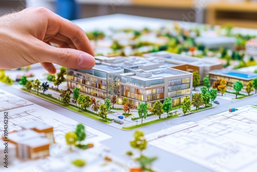 A hand adjusts a miniature architectural model of a modern building surrounded by landscaping. photo