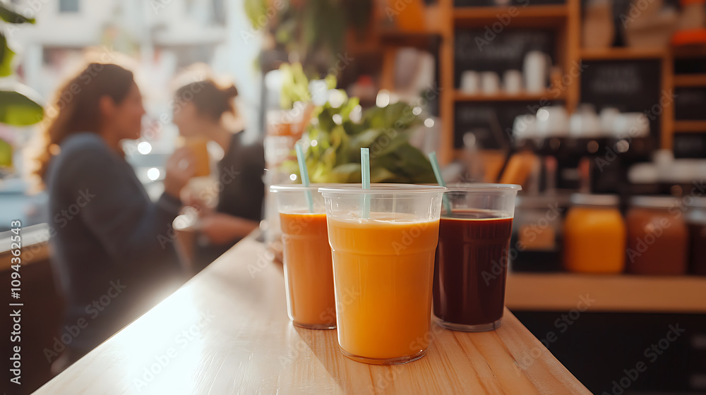 Freshly prepared juices in clear cups on wooden counter, with friends enjoying drinks in cozy cafe setting. warm atmosphere invites relaxation and conversation Freshly prepared juices in clear cups on wooden counter, with friends enjoying drinks in cozy cafe setting. warm atmosphere invites relaxation and conversation