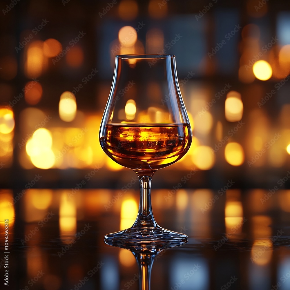Brandy Snifter with Amber Hues Reflecting on Black Surface with Glowing Ambient Lighting