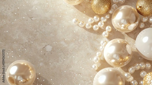 A holidaythemed flatlay with a champagnecolored background, pearls, golden baubles, and a touch of glitter photo