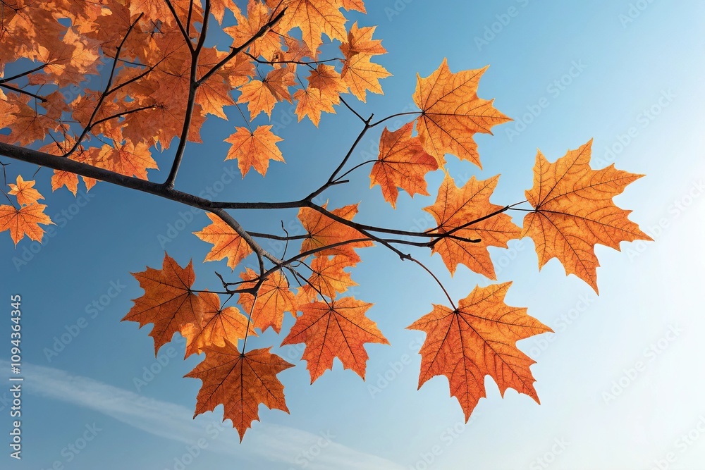 Branch with Orange Maple Leaves Against Blue Sky Background, outdoor, fall foliage, branch with leaves, tree branch Branch with Orange Maple Leaves Against Blue Sky Background, outdoor, fall foliage, branch with leaves, tree branch