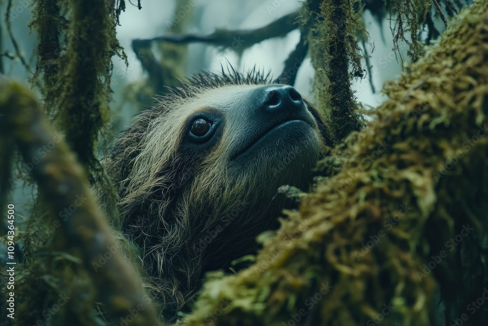 A close-up of a sloth peeking through mossy branches in a lush environment. A close-up of a sloth peeking through mossy branches in a lush environment.