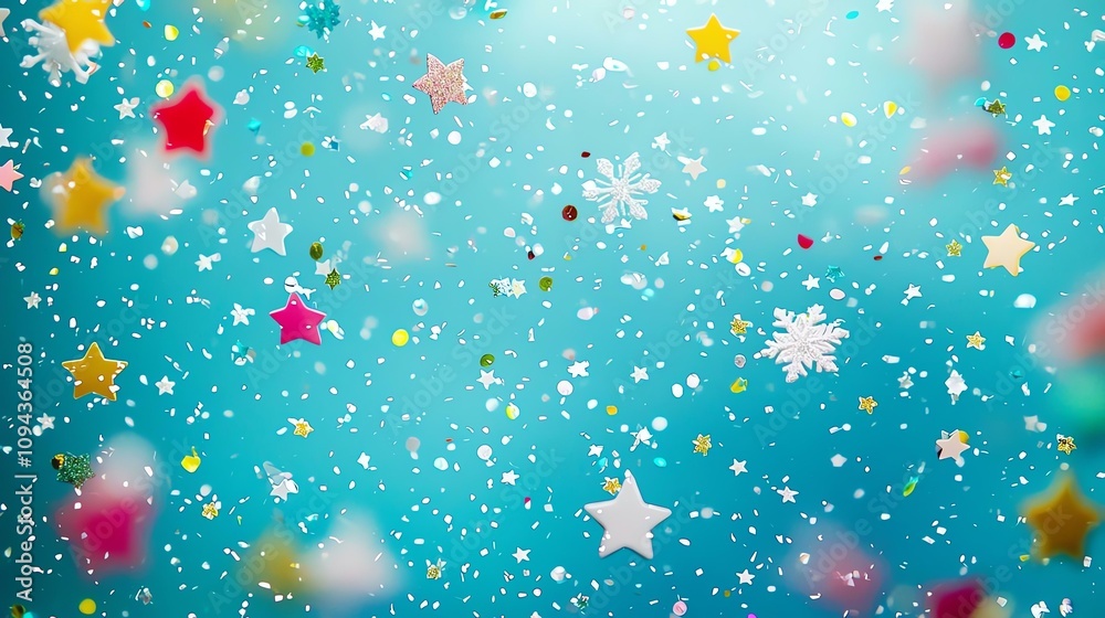 A holidaythemed flatlay featuring a bright cyan background, white snowflakes, and colorful confetti stars A holidaythemed flatlay featuring a bright cyan background, white snowflakes, and colorful confetti stars