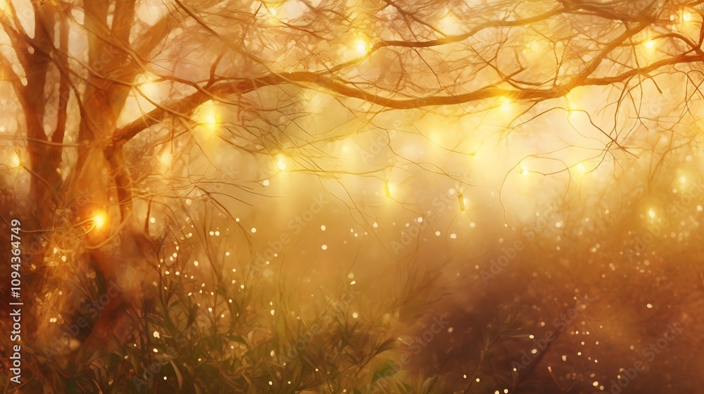 Fototapeta premium Golden Tree Branches Adorned With Fairy Lights