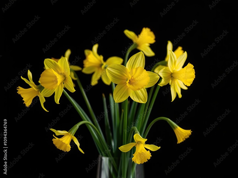 Bright yellow daffodils in a vase against a dark background create a striking contrast drawing the viewer's attention to the vibrant flowers, bright yellow daffodils, botanical photography Bright yellow daffodils in a vase against a dark background create a striking contrast drawing the viewer's attention to the vibrant flowers, bright yellow daffodils, botanical photography