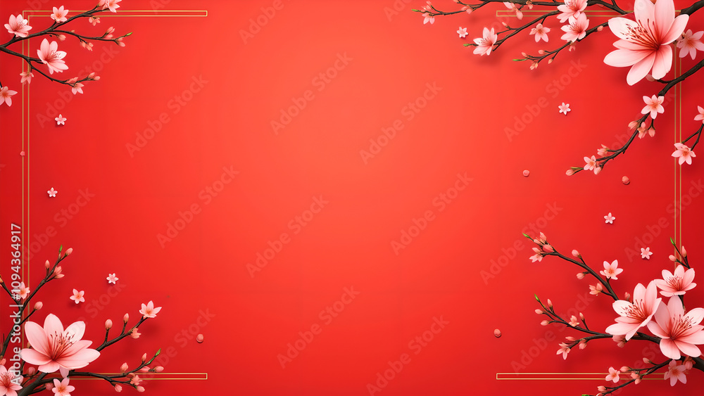 Red background with cherry blossom flowers. Concept of spring, celebration, and new beginnings. Red background with cherry blossom flowers. Concept of spring, celebration, and new beginnings.