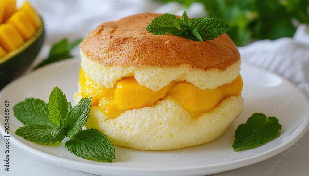 Homemade souffle pancake filled with mango cream is garnished with fresh mint Homemade souffle pancake filled with mango cream is garnished with fresh mint