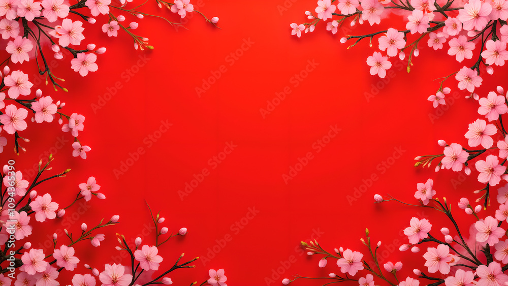 Fototapeta premium Cherry blossom frame on red background. Concept of spring, celebration, and new beginnings.
