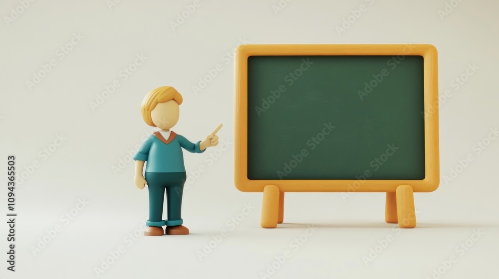 A cartoon figure points at a blank chalkboard, suggesting teaching or presentation. A cartoon figure points at a blank chalkboard, suggesting teaching or presentation.