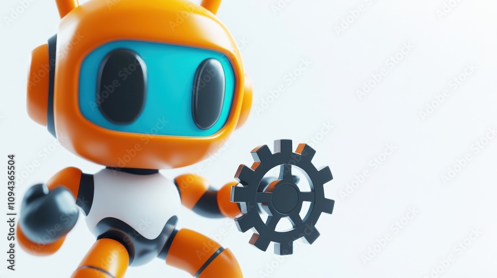 A stylized orange robot character holding a gear, representing technology and creativity. A stylized orange robot character holding a gear, representing technology and creativity.