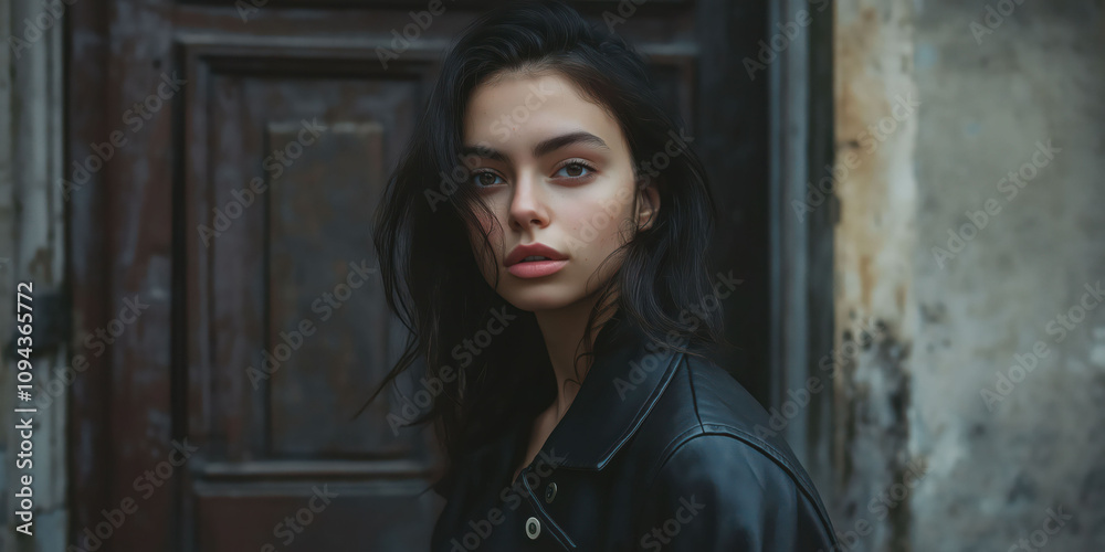 Fototapeta premium Mysterious woman in leather jacket standing against rustic wooden door