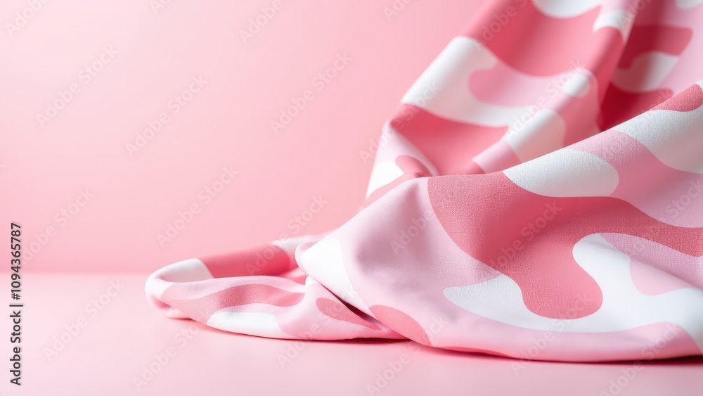 Soft pink camo fabric with rose and white hues, gently arranged in folds to show off its modern texture, set against a simple, neutral background. Soft pink camo fabric with rose and white hues, gently arranged in folds to show off its modern texture, set against a simple, neutral background.