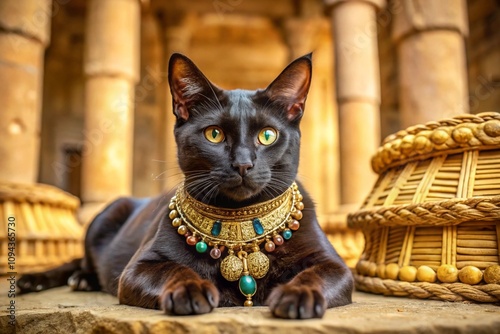 A black cat with gold jewelry