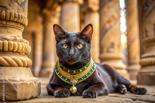A black cat with gold jewelry, lounging in an ancient Egyptian temple.