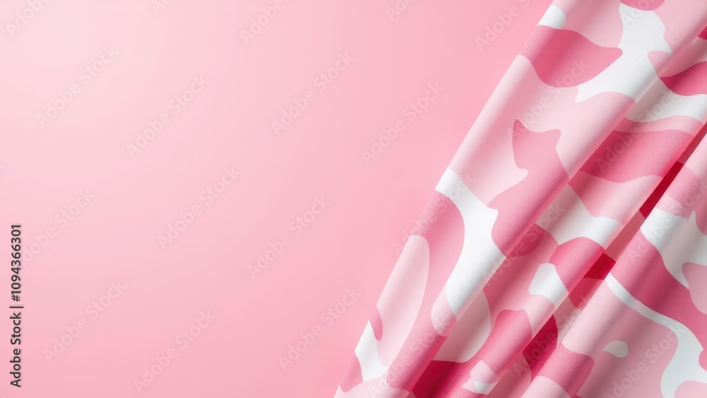 A gentle fold of pink camo fabric in modern rose and white tones, showcasing its texture with soft, ambient lighting on a clean backdrop.