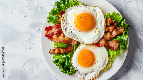 Fried chicken eggs and bacon beautifully presented. Perfect for promoting wholesome, healthy eating with essential vitamins and minerals.