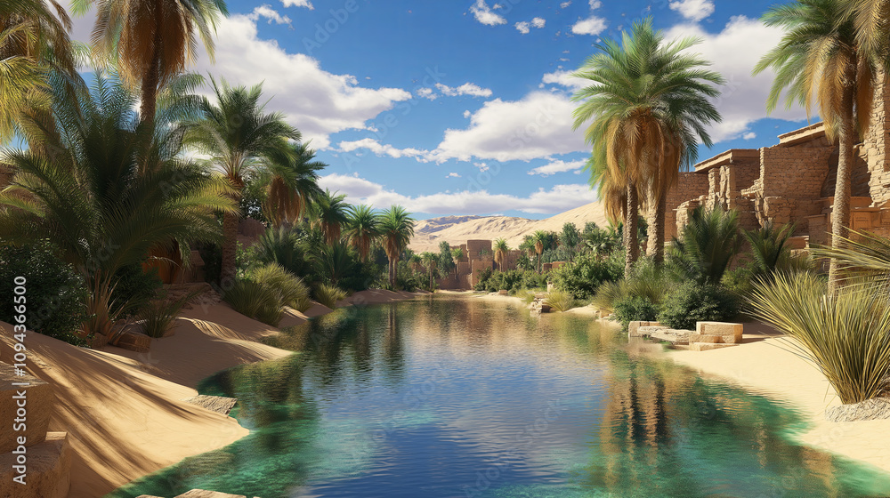 Fototapeta premium A Desert Oasis with Palm Trees and Crystal Water