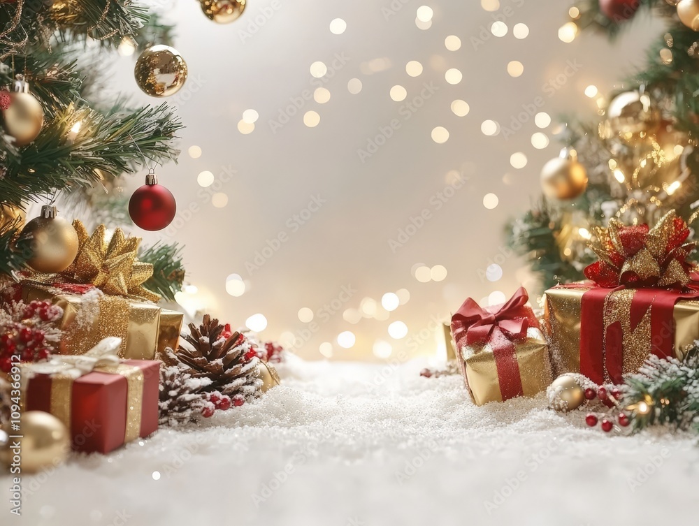 Festive christmas scene with decorated trees and wrapped gifts in snowy setting. Festive christmas scene with decorated trees and wrapped gifts in snowy setting.