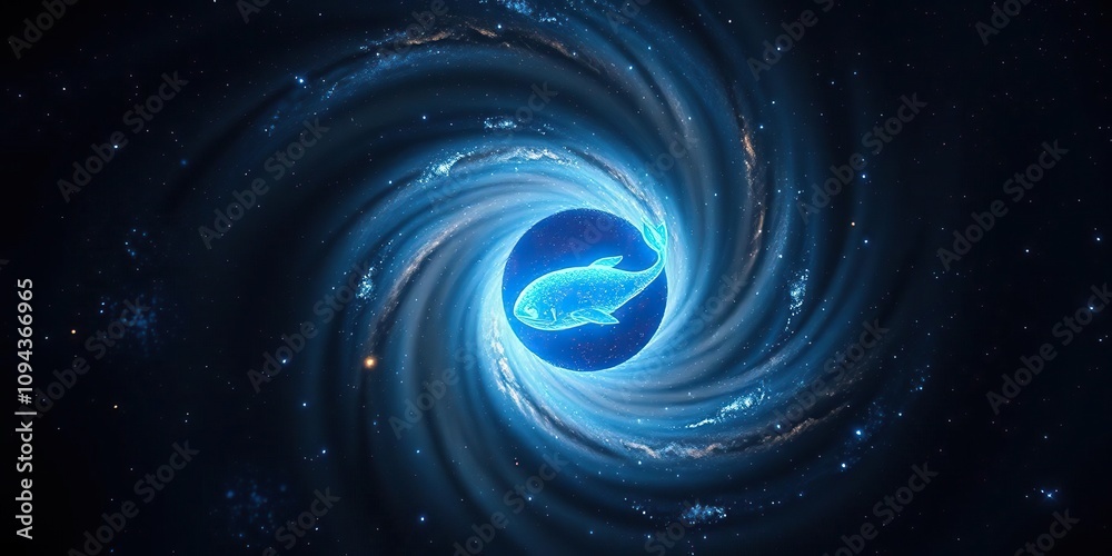 Close-up image of a spiral galaxy with a glowing blue whale-like structure at its center, spiral galaxy, celestial object, star cluster Close-up image of a spiral galaxy with a glowing blue whale-like structure at its center, spiral galaxy, celestial object, star cluster