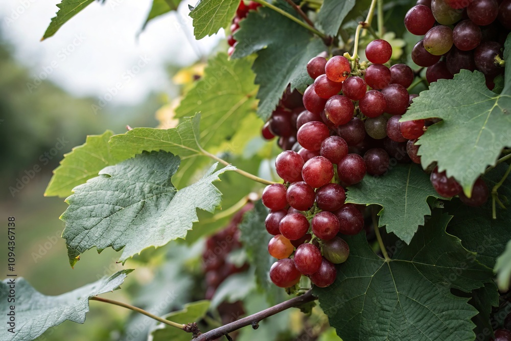 Close-up of a bunch of plump red grapes nestled among leafy vines, botanicals, clusters Close-up of a bunch of plump red grapes nestled among leafy vines, botanicals, clusters