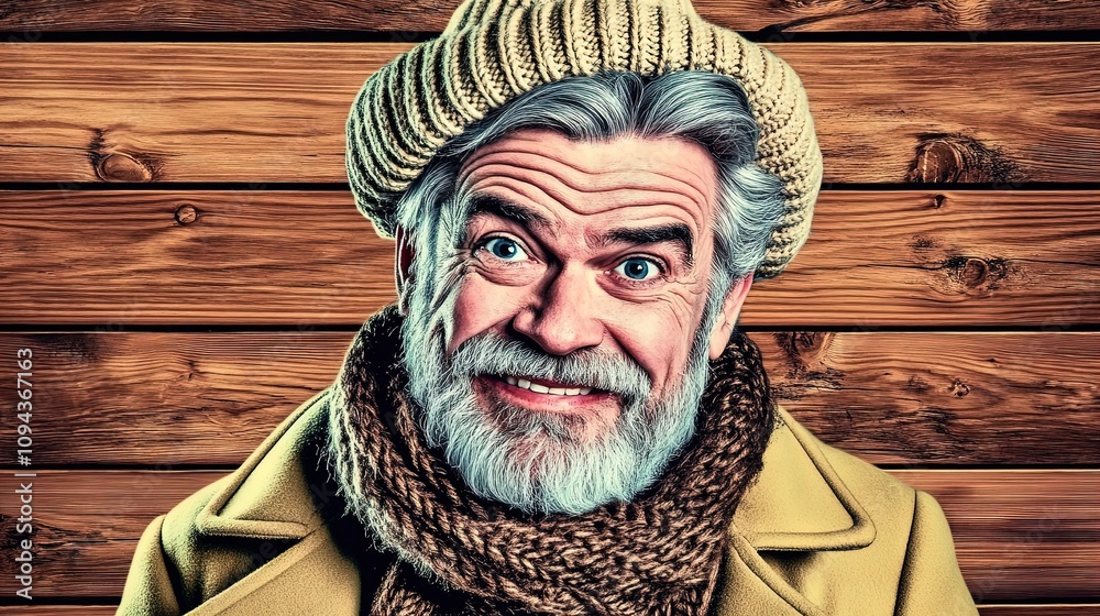 Fototapeta premium Cozy Winter Portrait of a Smiling Older Man: Perfect for a Sports-themed Interior Poster, Featuring Gray Hair, Beard, Knit Hat, and Rustic Vibes Against a Warm Wooden Background