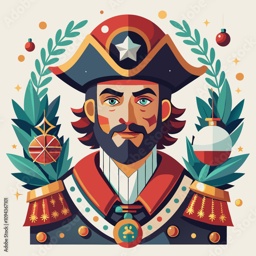 Jolly Captain's Christmas Portrait: A festive and stylized illustration of a captain in a tricorn hat, adorned with Christmas ornaments and greenery.