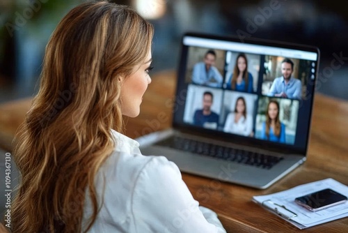 Businesswoman Team Leader Managing Hybrid Meeting with Remote Workers on Laptop Video Conference photo