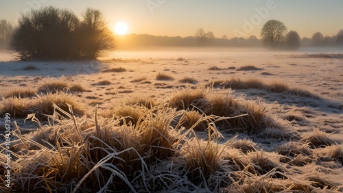 Frosty Meadow at Sunrise with Golden Light and Misty Horizon photo