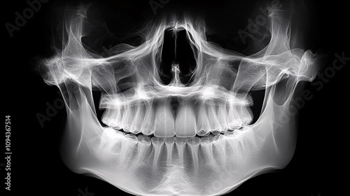 An X-ray image of a human skull, showcasing the teeth and jaw structure clearly against a black background.
