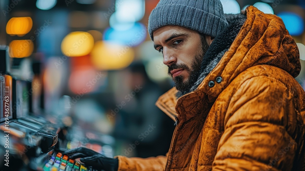 Young man focused on slot machine in a bustling casino during evening hours with colorful lights illuminating the atmosphere Young man focused on slot machine in a bustling casino during evening hours with colorful lights illuminating the atmosphere